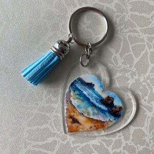 Hand Crafted Heart Keychain with Ocean Scene and Blue Tassel